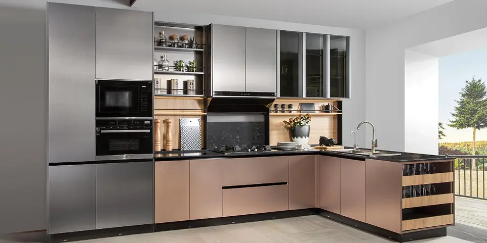 Handleless Kitchen Cabinets in Metal Laminate Finish OBK21-017